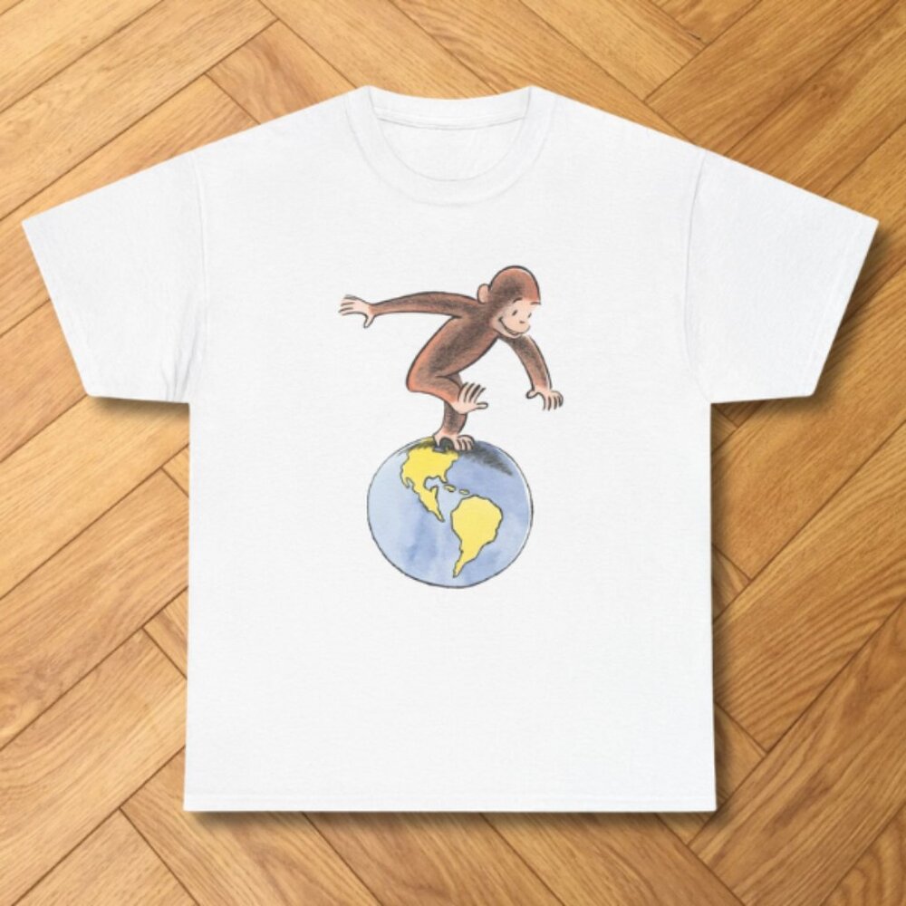 White-Curious George Monkey Earth Planet Cartoon Graphic Tee